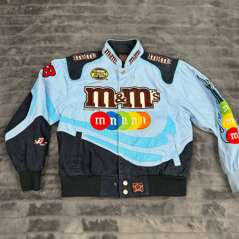 JH Design Kids M&M Racing Jacket Elliott Sadler 38 NASCAR Blue Twill Size M 7-8